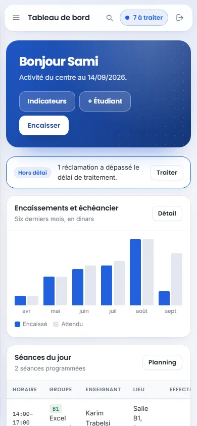 Le tableau de bord de Classimum sur un téléphone.